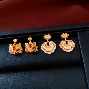 New Chinese Style Fox Ruyi Lock Earrings With Zircon Inlaid Copper Gold Plated 925 Sterling Silver Earring Post