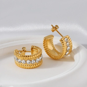 Golden C-shaped twisted rope earrings with sparkling zircon inlay for women