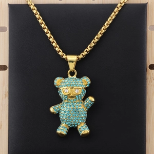 Hip hop panda necklace with blue rhinestones and gold box chain for kids and teens