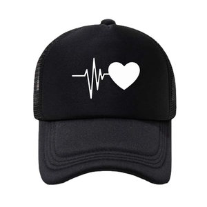 Unisex black trucker hat with white heartbeat heart print and breathable mesh back