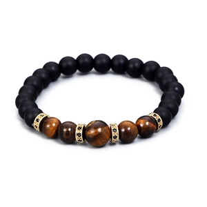 Bracciale da uomo con perle nere opache e occhio di tigre con dettagli dorati