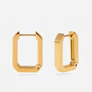 Minimalist gold rectangular hoop earrings with a polished finish and hinged closure