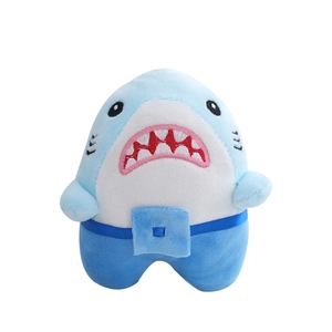 Cute blue and white plush shark keychain with embroidered teeth and soft fabric
