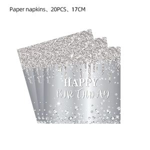 Close-up of 20PCS silver glitter Happy Birthday paper napkins with diamond accents