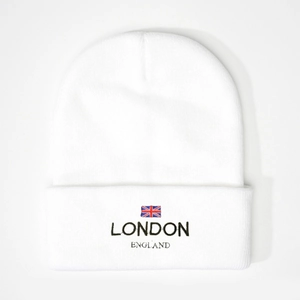 White London knit beanie featuring embroidered UK flag and England lettering on a plain background
