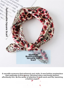 Detailed close-up of a 60x60cm leopard print satin square scarf with a silky finish