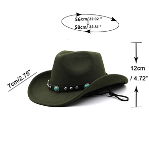 Chapeau de cowboy vert foncé en laine avec perles turquoise et mesures de taille