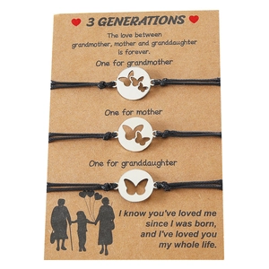 Three generations bracelet set with stainless steel hollow butterfly on black cord