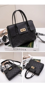 Three-view display of quilted black handbag with gold turn-lock and wide woven strap