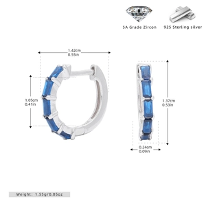 Detailed view of S925 sterling silver hoop earrings with blue zircon and exact dimensions