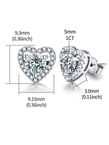 Detailed macro view showing the precise dimensions of heart-shaped 1CT moissanite earrings