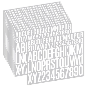 Detailed fan-shaped stack of waterproof vinyl letter and number stickers with white font
