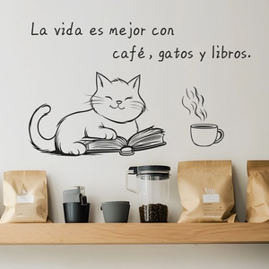 Cartoon cat reading wall sticker with Spanish quote La vida es mejor con café y gatos