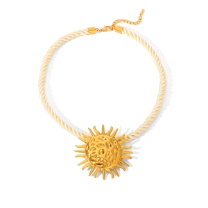 Golden sun pendant necklace with cream braided cord and adjustable chain for women