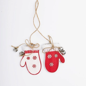 Christmas wooden mitten ornaments with red white snowflake patterns and silver bells