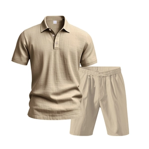 Macro detail of breathable linen polo shirt and drawstring shorts set in beige