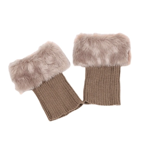 Brown knit faux fur leg warmers with ribbed texture for winter boots and ankles