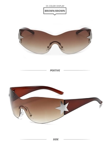 Vue détaillée de lunettes de soleil Y2K sans monture marron avec étoile argentée sur le côté.