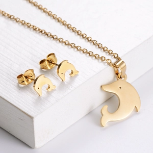 Polished 304 stainless steel gold dolphin pendant necklace and earrings jewelry set for women
