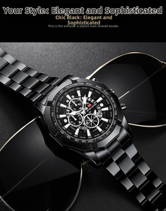 Close-up of black stainless steel quartz watch with three sub-dials and luminous hands