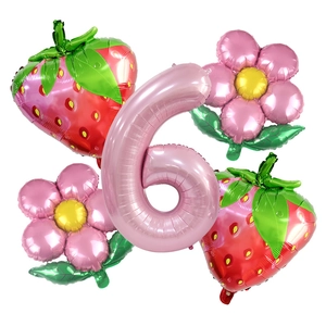 Kit ballon rose chiffre 6 avec ballons fraise et marguerite pour fête d'anniversaire