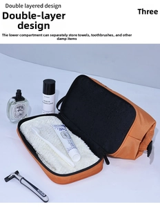 Detail view of double layered orange toiletry bag showing waterproof wet storage compartment