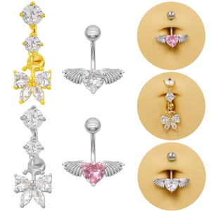 Piercing de Nombril en Alliage de Zinc Style Européen Cœur Papillon Ailes Incrusté de Strass Bijoux de Corps Or Argent
