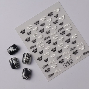 5D embossed butterfly nail art stickers with black and white vintage floral patterns