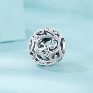 Hollow scroll vine charm bead in S925 sterling silver with sparkling white zircons