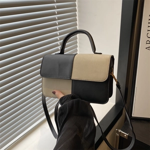 Fashionable two-tone black and beige small PU leather top-handle crossbody handbag for women