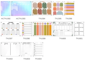 Grid layout showing thirteen types of acrylic weekly planners with diverse layout designs