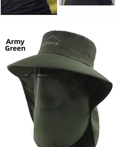 Macro shot of army green outdoor hat with wide brim, neck flap and breathable face mask