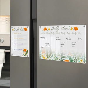 Detail view of magnetic acrylic weekly planner and to-do list with floral patterns on a fridge
