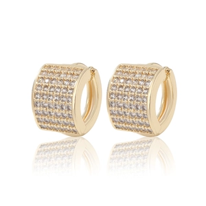 Detail of 14K gold plated wide hoop earrings featuring six rows of micro-pave zircons
