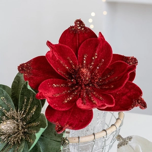 Red velvet artificial Magnolia flower with red and gold glitter for Christmas decor