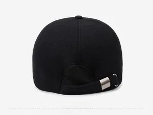 Rear view of black wool baseball cap featuring adjustable metal buckle and thick texture