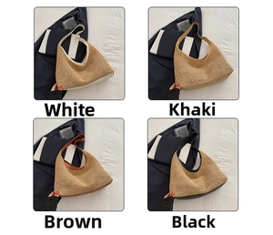 Detail view of woven tote bag in four classic colors with faux leather reinforced trim