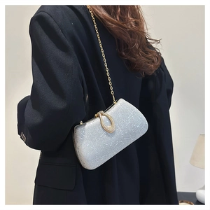 Silver glitter evening clutch with gold chain strap and diamond buckle on black suit