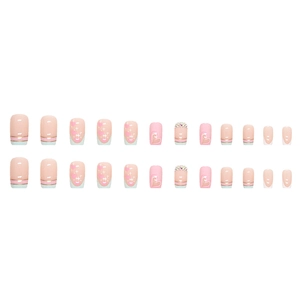 24pcs light blue and pink press-on nails with heart patterns, gold lines and rhinestones