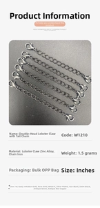 Detail of gun-black alloy double lobster clasps with iron extension chains for DIY jewelry