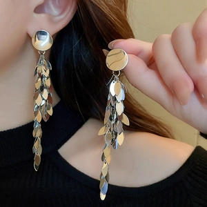 Silver metallic layered leaf sequin tassel drop earrings for women in modern style