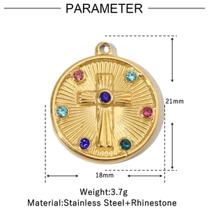 Detailed dimensions of the round gold cross pendant with colorful rhinestones and size data