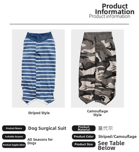Detailed product specifications for striped and camouflage modal dog surgery suits
