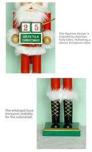 Macro detail of wooden Santa nutcracker countdown calendar with green base and dated blocks