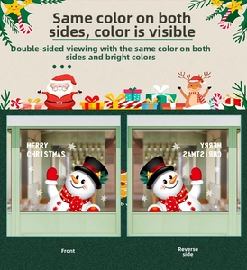 Close-up of double-sided Christmas window sticker featuring a snowman with red scarf
