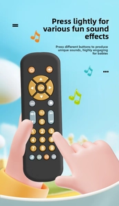 Macro detail of toddler TV remote toy with multi-language buttons and music functions