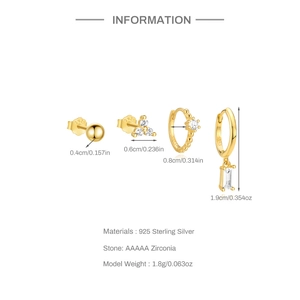 Detailed size specifications for 925 sterling silver gold earring set with zircon
