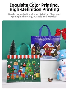 Detail of waterproof Christmas gift bags with festive Santa Claus and gingerbread prints