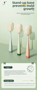 Detail of long-handled cup brushes in three colors with vertical drying stand