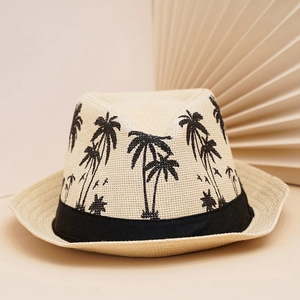 Chapeau de paille beige classique avec motif de palmier noir et ruban décoratif